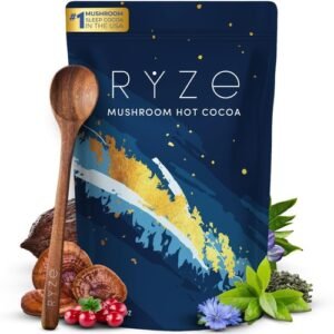 RYZE SUPERFOODS Mushroom Hot Cocoa Melatonin Sleep Supplement, Keto Cocoa Powder 20 Servings with spoon