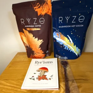 RYZE Mushroom Coffee & Hot Cocoa Set 30 Servings Each w/ Book & Wooden Spoon